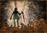 (High Chaos) Emily's drawing of Corvo atop a mountain of corpses with a bloody sword.