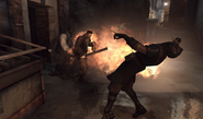 An Assassin is hit by a fire ball.