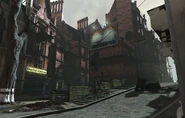 A street in the Legal District during the early development of Dishonored.