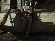 A guard wearing a face covering and goggles in the Dust District.