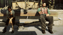 Two civilians on a bench in the Dust District.