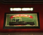 A plate advertising Greaves Lightning Oil, found in the Hound Pits Pub.