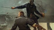 Concept art for Dishonored 2 depicting Corvo fighting a guard.