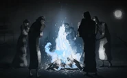 Cold survivors add whale oil to a bonfire.