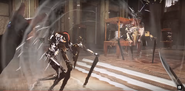 Corvo using a variant of Windblast to stun Clockwork Soldiers.