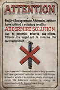 A poster warning of the side effects of Addermire Solution.