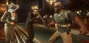 A guard threatens two nobles