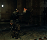 A City Watch Guard tossing a rat into a wall of light in a game of "Rat Burning".