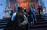 An aristocrat holds a knife behind his back during the low chaos ending.