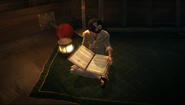 Emily reads a book in Corvo's room.