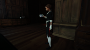 Melissa has a drink in Timsh's quarters.