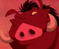 Pumbaa winking while distracting the Hyena Clan