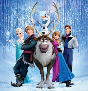 The main cast of Frozen from left to right: Elsa, Kristoff, Sven, Olaf, Anna and Hans.