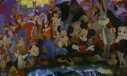 Minnie with Mickey, Goofy and a cast of other toons in Who Framed Roger Rabbit