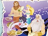A younger and thinner Ursula rudely grabbing food from the buffet (Villain Files)