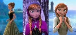 Anna in her coronation dress (left); Anna in her winter gear (center); Anna in her casual wear (right).