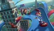 Concept art of Jessie riding the Hover Board, with Dash, Mater, and Wreck-It Ralph in Toy Box.