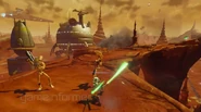 Ahsoka Tano fighittng Battle Droids on Geonosis.