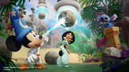 Stitch watching Crystal Sorcerer Mickey save Jasmine from a falling Boulder.