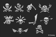 Concept art of different designs for pirate emblems in the play set.