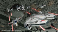 The Millennium Falcon flying near the Death Star.