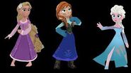 Anna, Elsa, and Rapunzel's in-game models.