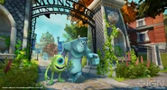 Promotional artwork of Mike and Sulley at the entrance to the school.