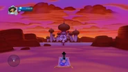 Jasmine riding Aladdin's Magic Carpet in front of the sky.