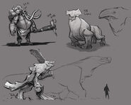 Concept art of some Frost Giant creatures (an "Ice Lion", one that appears to be part mammoth, and another that appears to be part wolf).