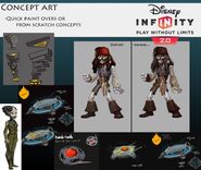 Concept art of Jack using the Cursed Pirate Gold power disc, as well as other things in the games.