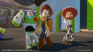 Buzz Lightyear, Woody, and Jessie in the play set.