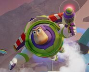 Buzz Lightyear flying while using the blaster.