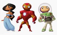 Very early concept art of Jasmine, Iron Man, and Buzz Lightyear featuring a rounder design.