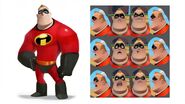 Concept art of Mr. Incredible and his various facial expressions.