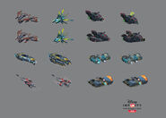 Concept art of some various vehicles, both used and unused, from the play set.