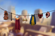 Concept art of a clothesline with different Star Wars characters' costumes on it (scrapped from the game).