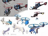 Concept art of different designs for the Incredicopter and the Delivery Helicopter.