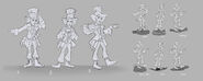 Concept art of different designs for the Mad Hatter's figure.