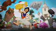 Aladdin in game, stealing a cake and attacked by wooden bears.
