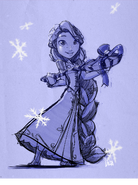 Concept art of Christmas-themed Rapunzel with a gift-wrapped Frying Pan.