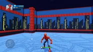 An INterior room with Spider-Man walls, floor, and accents