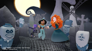 Hitchhiking Ghost Costumes scaring Merida, Jasmine, and Hiro.