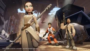 Poe between Rey and Finn