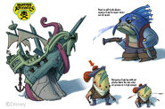 Concept art of some pirate enemy toys and a shipwreck.