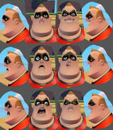 Concept art of Mr. Incredible's facial expressions.