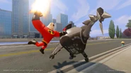 Mr. Incredible about to punch a Melee Omnidroid