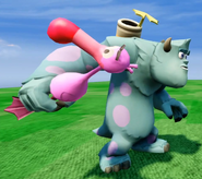 Sulley holding the Flamingo Croquet Mallet.