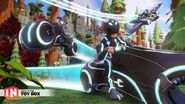 Sam Flynn and Quorra riding the Light Cycle while Donald Duck rides the Light Jet in the Toy Box.