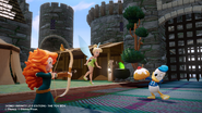 Merida aiming an arrow at a DunBroch Pastry Collectible held by Donald Duck