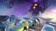 Concept art of giant Zurg looking down on the alien city.